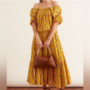 Rhode Frida Floral Printed Square Neck Off Shoulder Midi Dress Yellow Sz XS